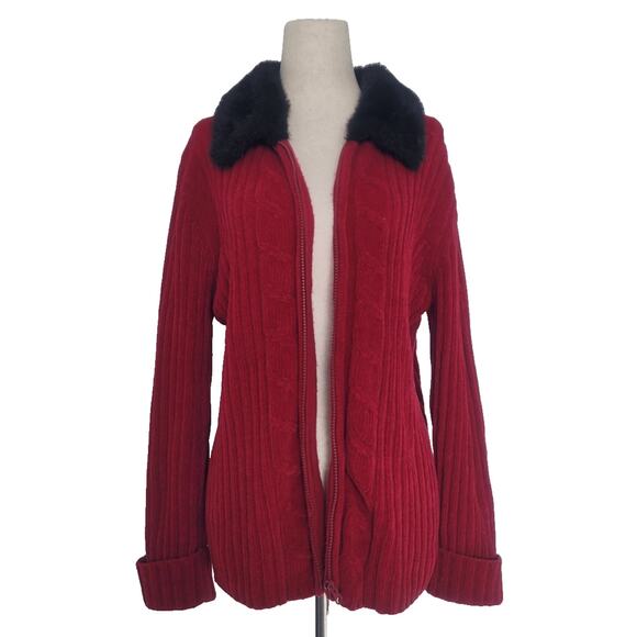 Vintage Designers Originals Fur Trim Knit Zip Up Cardigan Size M Red Preppy - Picture 1 of 6